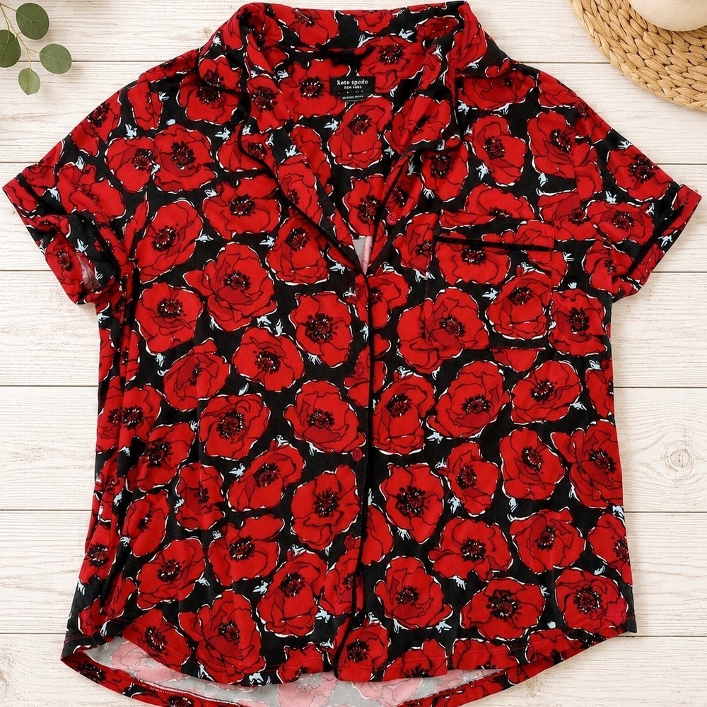Kate Spade Pajama Top Women Medium Red Poppy Floral Short Sleeve Button Front